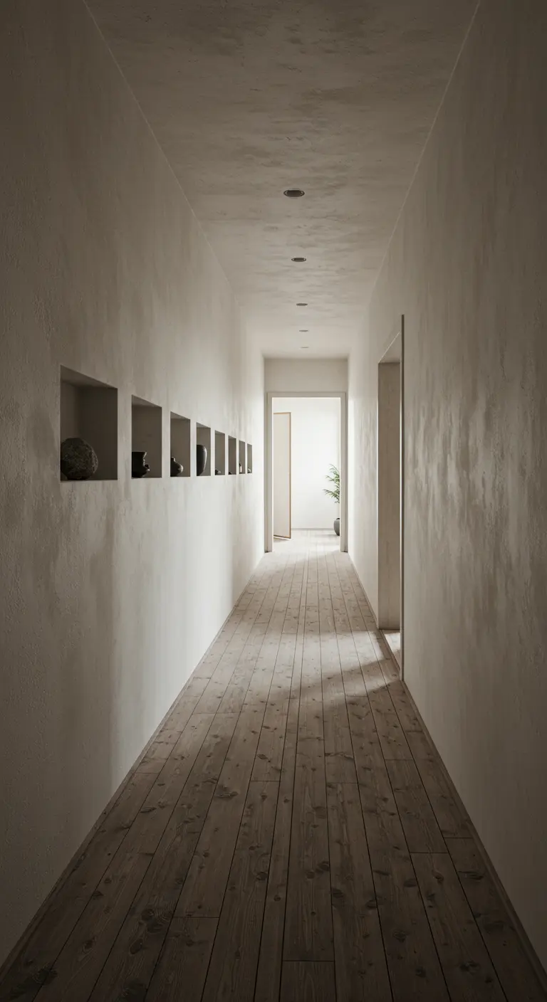 Pasillo largo y minimalista con paredes de yeso texturizado y nichos decorativos.