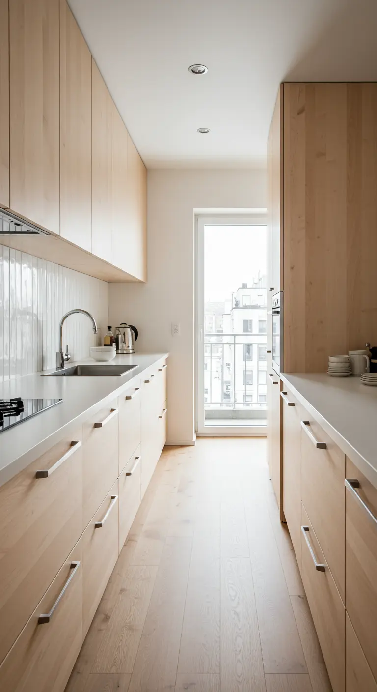 Cocina japonesa estrecha y alargada con armarios de madera clara y tiradores metálicos