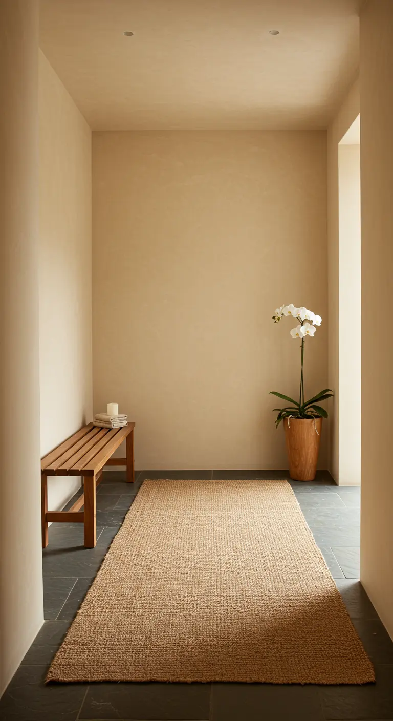 Pasillo minimalista con banco de madera, orquídea blanca y una larga alfombra de yute.