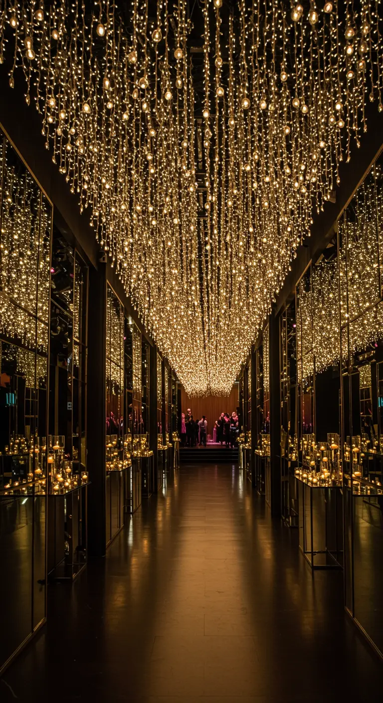 Un pasillo largo con paredes de espejo y miles de luces cálidas colgando del techo.