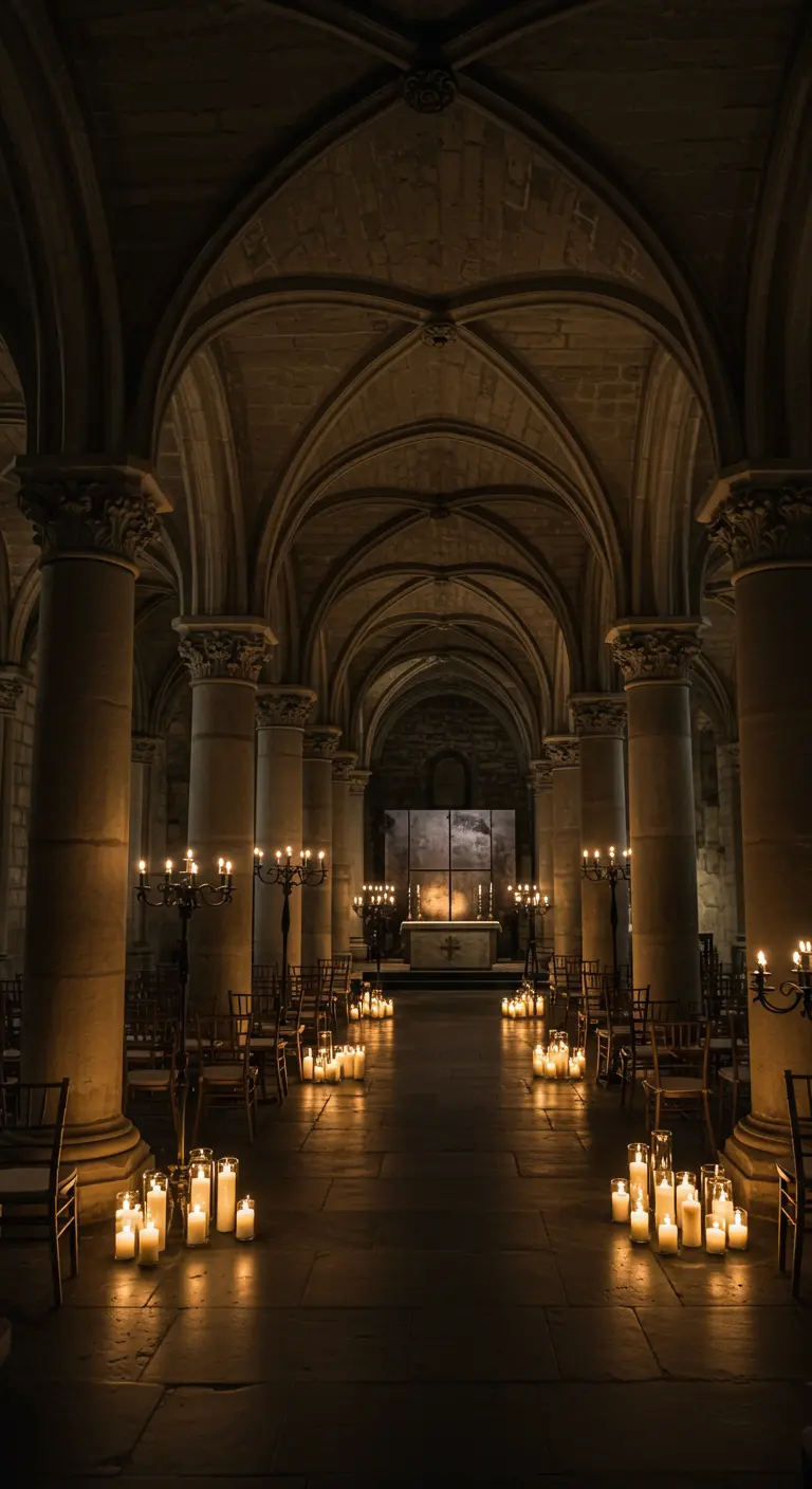 Pasillo de una cripta o iglesia iluminado únicamente por grupos de velas en el suelo.