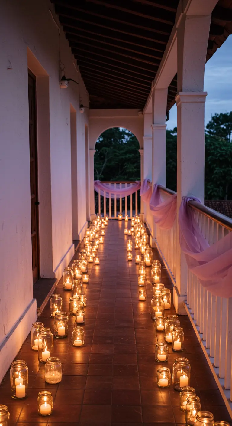 Pasillo de balcón largo iluminado por velas en frascos de vidrio y tela lila.