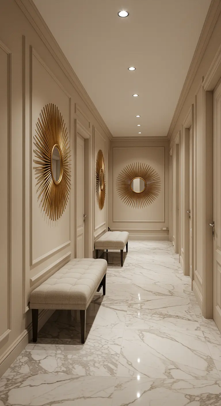 Pasillo largo y elegante con espejos de sol repetidos en la pared y bancos tapizados.