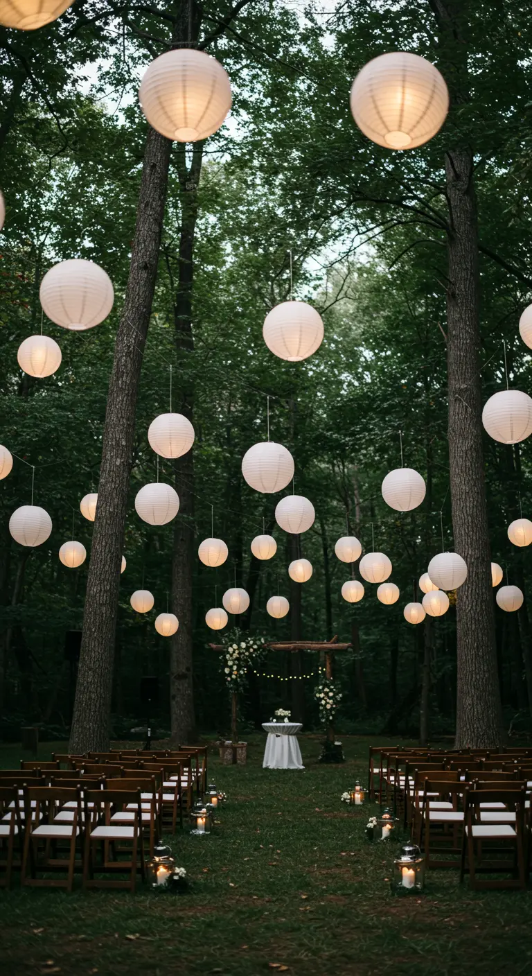 Pasillo de ceremonia en un bosque, flanqueado por sillas y lámparas de papel colgantes.