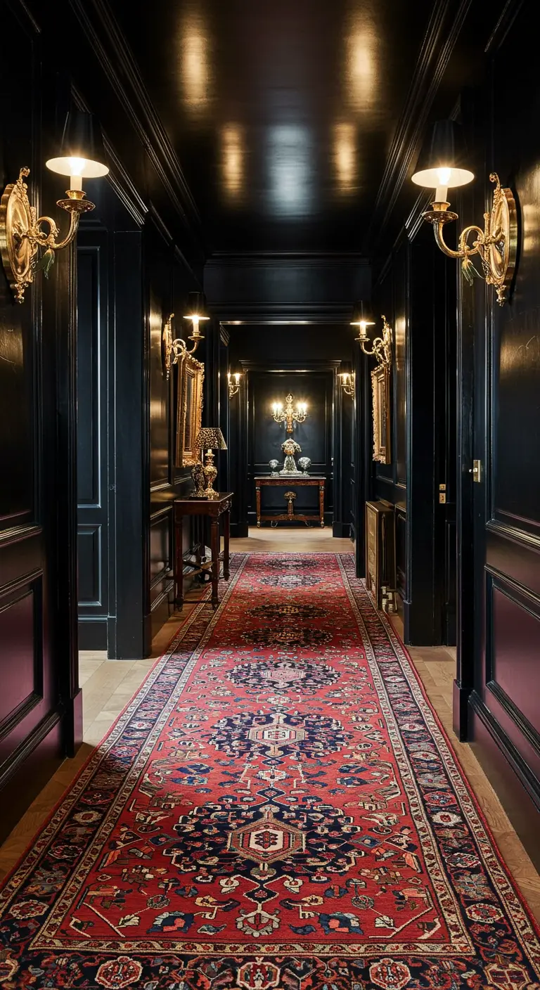 Pasillo largo y elegante con paredes negras, apliques dorados y una alfombra persa roja.
