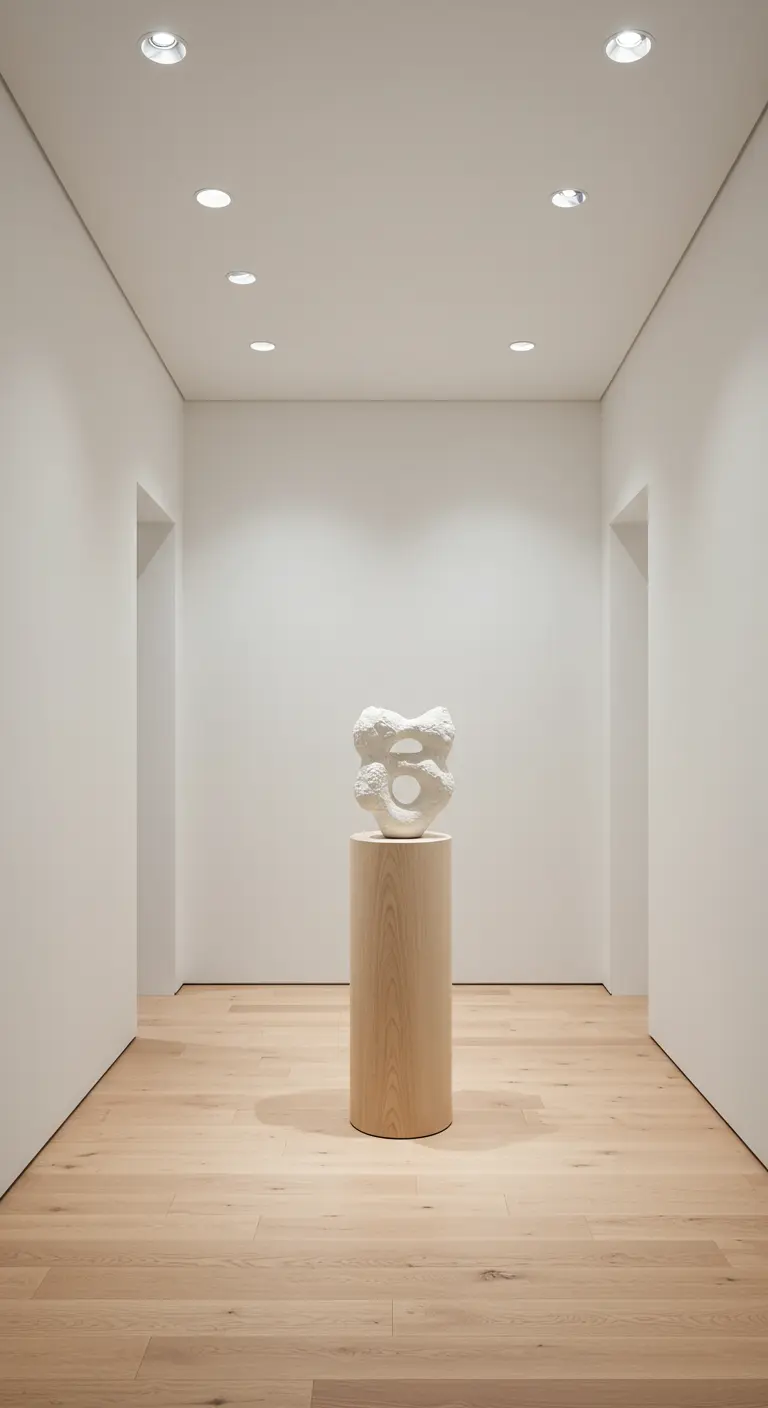 Pasillo minimalista con una escultura blanca sobre un pedestal de madera al fondo.
