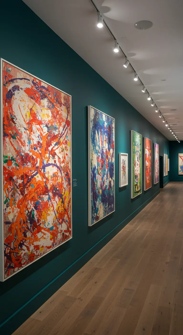 Pasillo largo con paredes verde oscuro utilizado como galería para exhibir cuadros de arte abstracto.