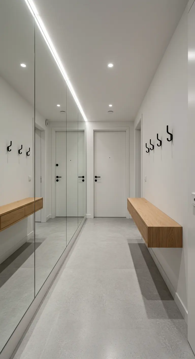 Pasillo minimalista con una pared de espejo completa que duplica el espacio