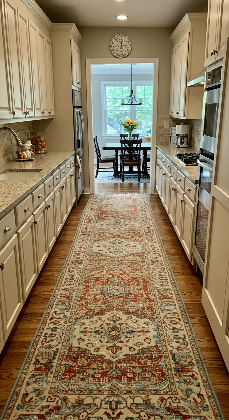 Cocina estrecha tipo pasillo con una larga alfombra persa en el suelo.
