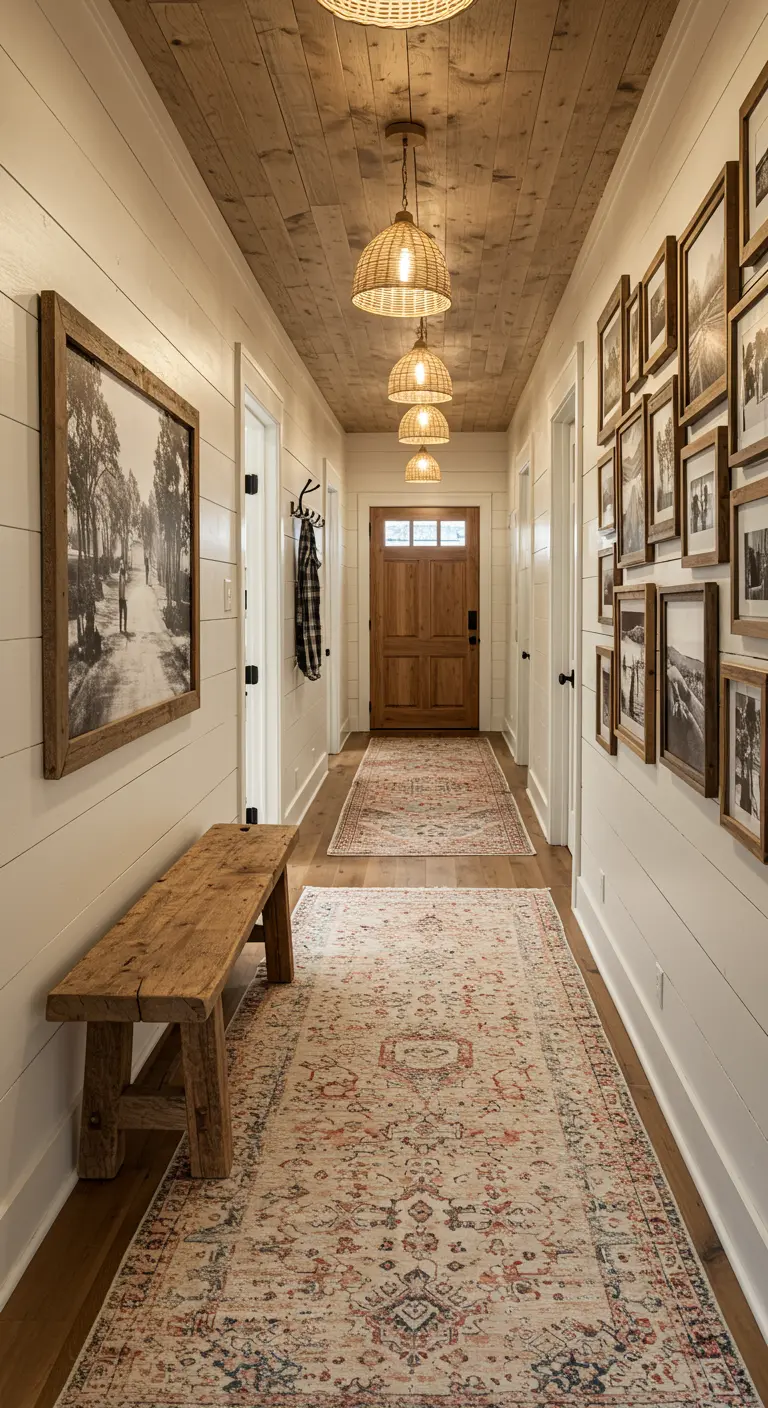 Pasillo largo con una galería de fotos en la pared, banca de madera y varias lámparas de mimbre