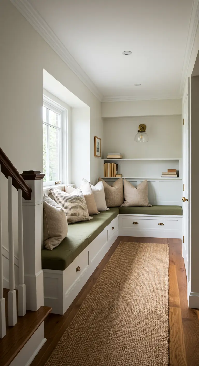 Banco de asiento en un pasillo con cojines de lino, almacenaje inferior y alfombra de yute.