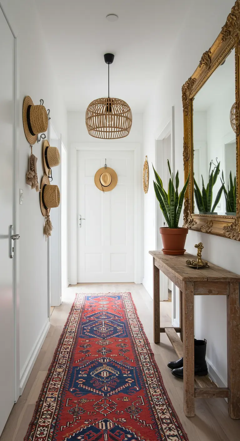 Recibidor bohemio con alfombra étnica roja, consola de madera y espejo dorado antiguo.