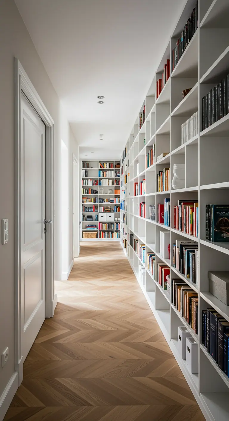 Pasillo largo y luminoso flanqueado por estanterías blancas del suelo al techo llenas de libros.