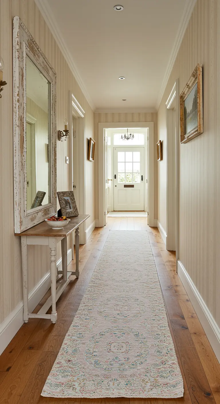 Pasillo largo con papel de rayas, alfombra de estilo persa y una consola con espejo antiguo.