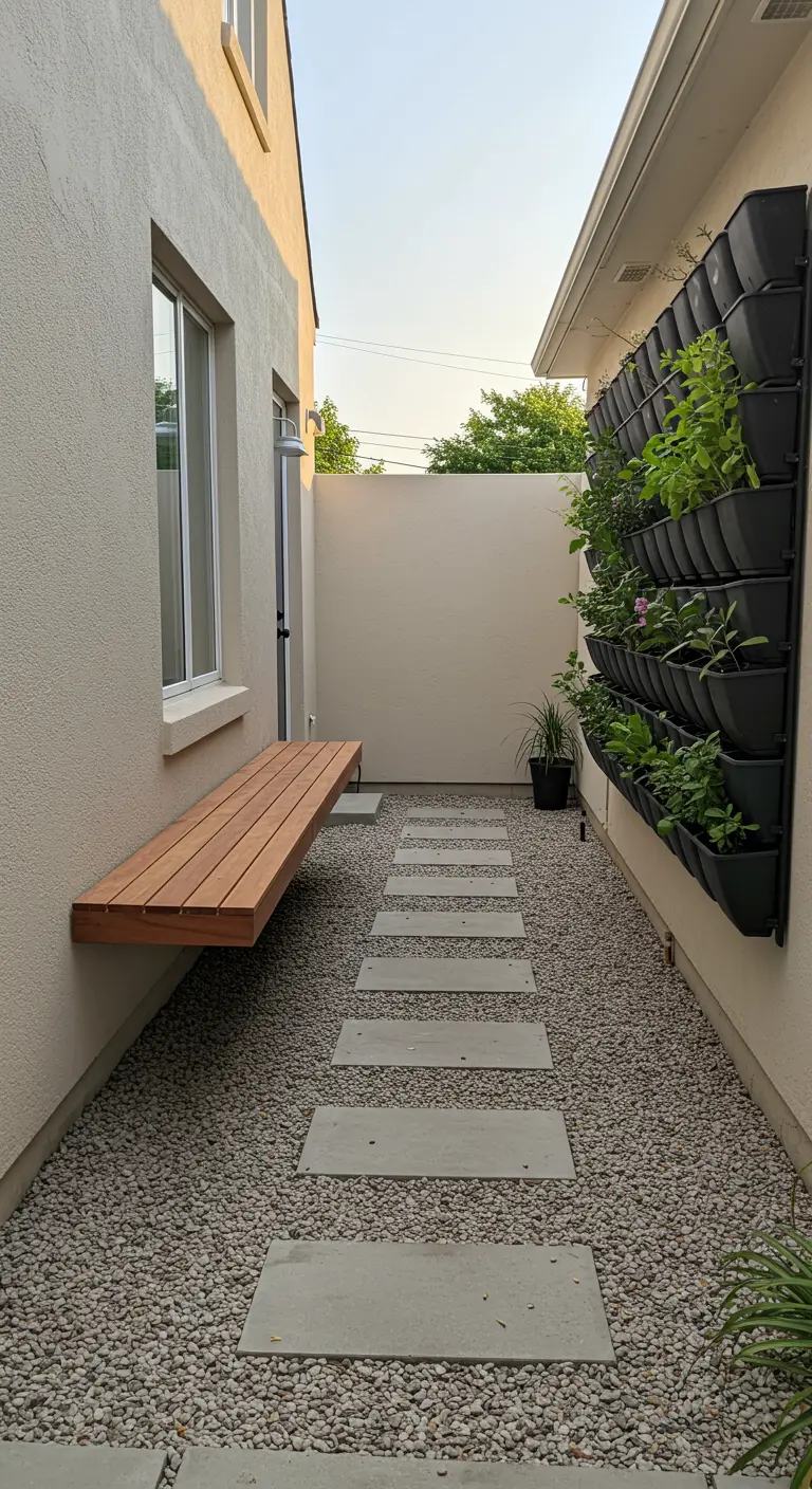 Pasillo exterior estrecho con jardín vertical negro, banco flotante de madera y suelo de grava.