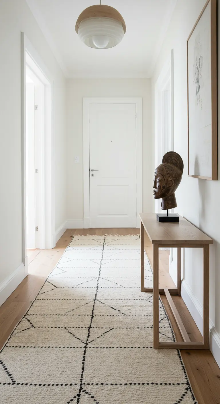 Pasillo blanco y luminoso con una alfombra de estilo marroquí y una escultura africana.