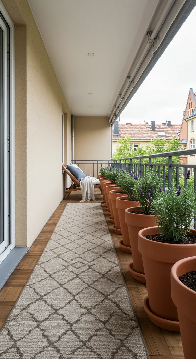 Balcón largo y estrecho con una alfombra tipo runner y una fila de macetas de terracota con lavanda.
