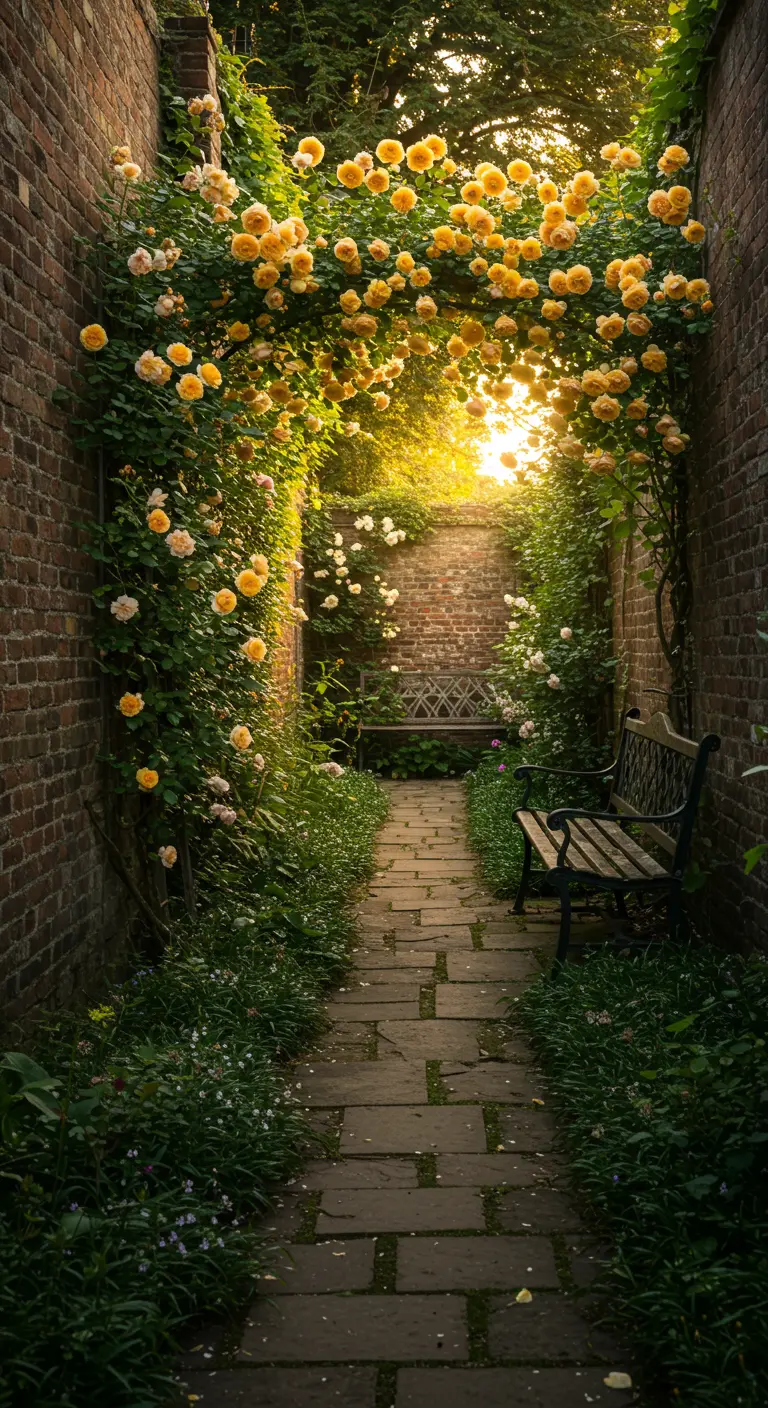 Pasillo estrecho de ladrillo con un techo de rosas amarillas que conduce a bancos de madera.