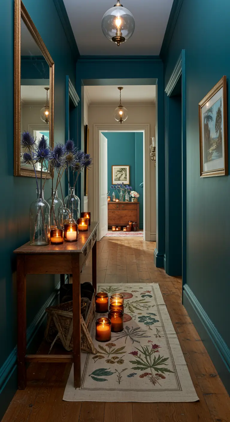 Pasillo largo de color verde azulado oscuro, iluminado con la luz cálida de muchas velas.