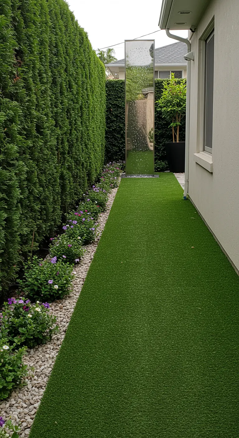 Pasillo de jardín estrecho con césped artificial y una fuente alta de espejo.