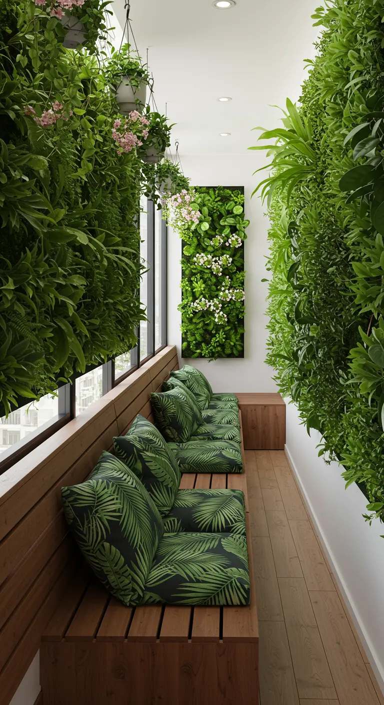Balcón estrecho con un banco de madera, cojines con estampado de hojas y paredes cubiertas de vegetación.