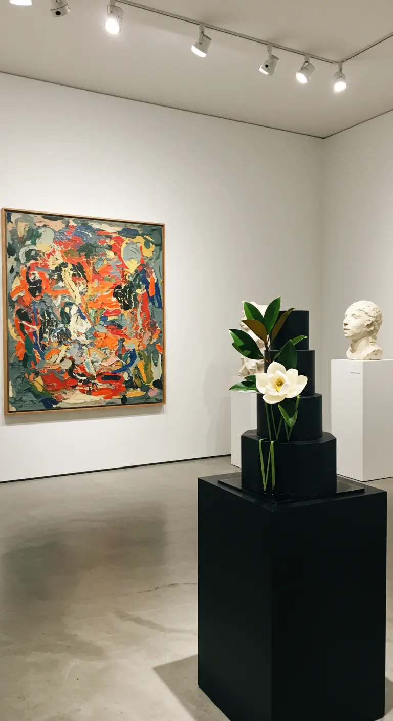 Pastel negro moderno de cuatro pisos con una magnolia blanca en una galería de arte.