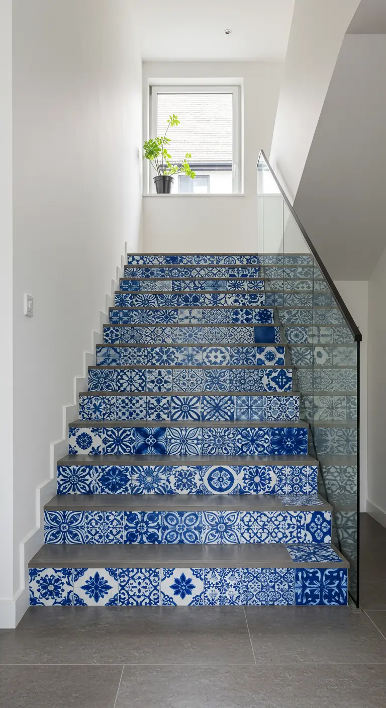 Escalera moderna con contrahuellas decoradas con un patchwork de diferentes azulejos hidráulicos.