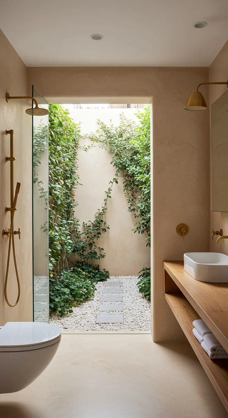 Ducha con pared de cristal que da a un pequeño patio interior lleno de plantas trepadoras.