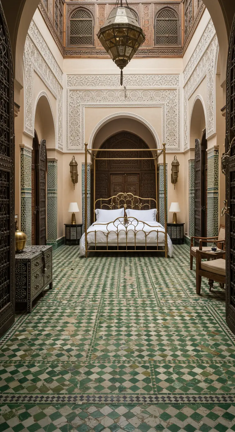 Dormitorio espacioso con suelo de baldosas verdes y blancas, y una cama con dosel de latón.