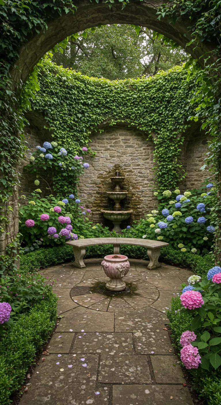 Patio de piedra con una fuente, un banco curvo y hortensias floreciendo alrededor.