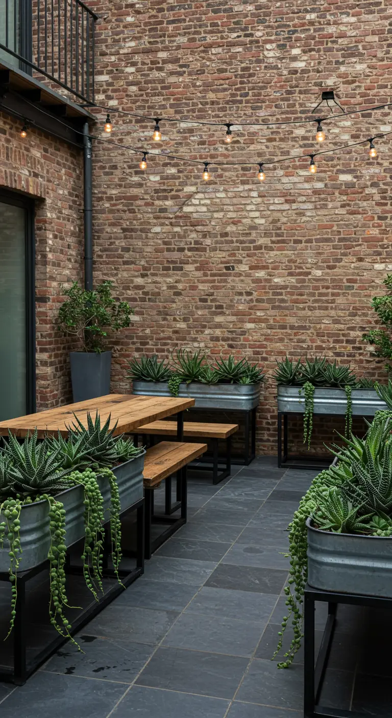 Patio urbano con pared de ladrillo, jardineras de metal galvanizado llenas de suculentas y luces de verbena