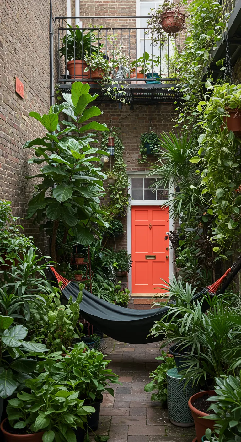 Patio estrecho y frondoso lleno de plantas en macetas, con una hamaca oscura y una puerta coral.