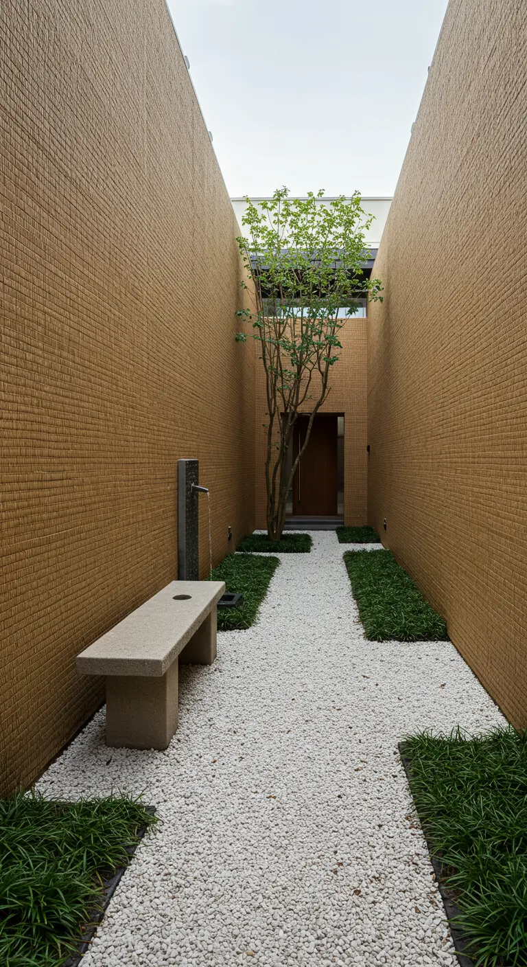 Patio interior estrecho con camino de grava blanca, banco de piedra y una fuente.
