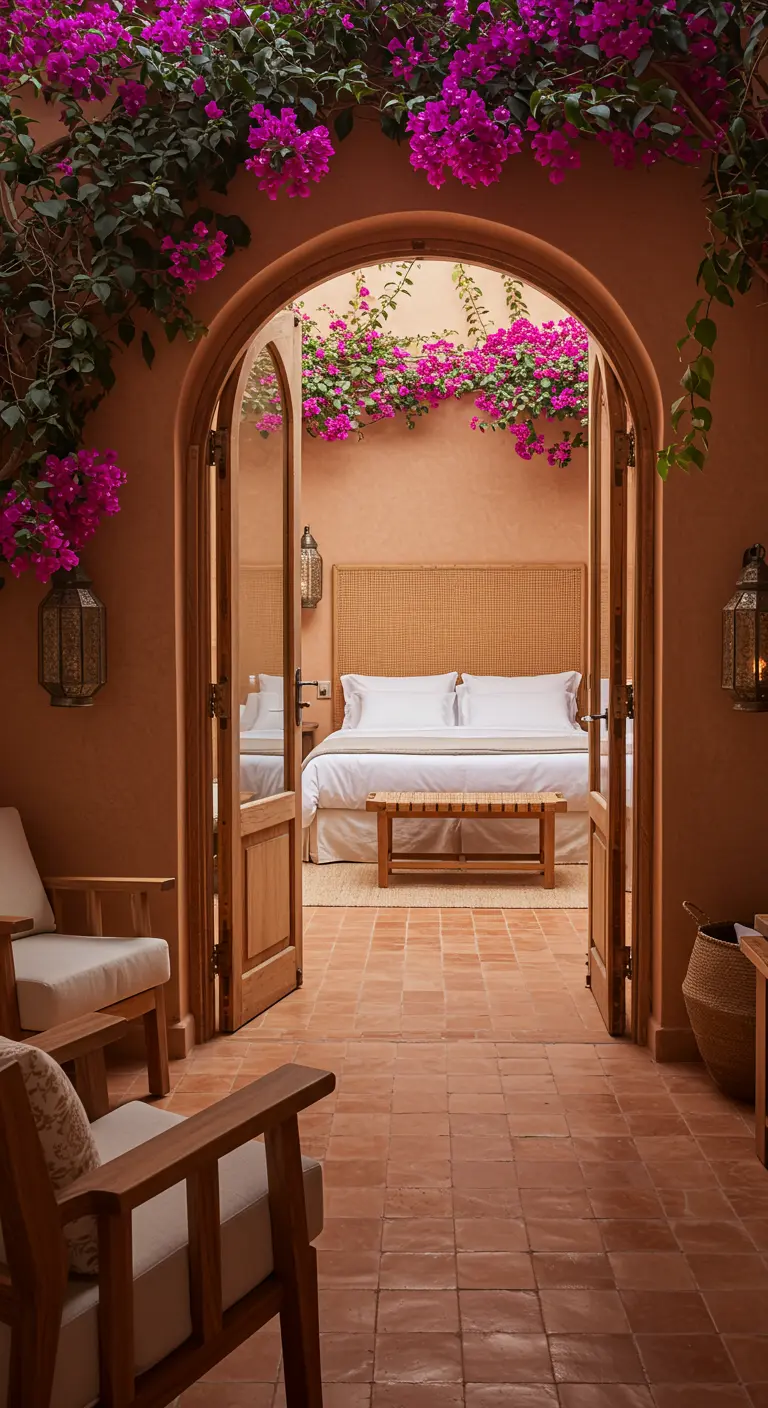 Dormitorio marroquí con puertas de madera abiertas a un patio con paredes terracota y buganvillas fucsias.