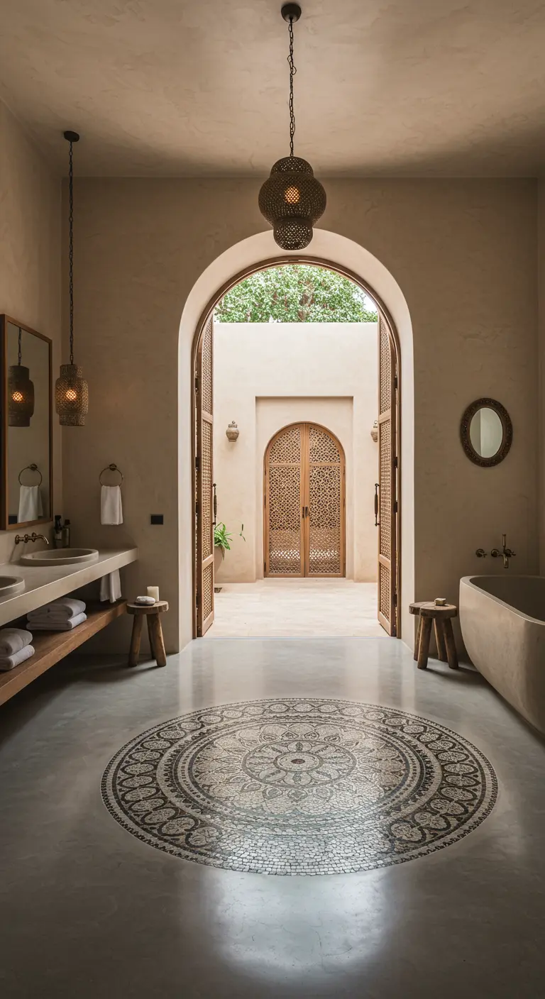 Baño amplio con paredes de tadelakt, mosaico circular en el suelo y puertas arqueadas a un patio.