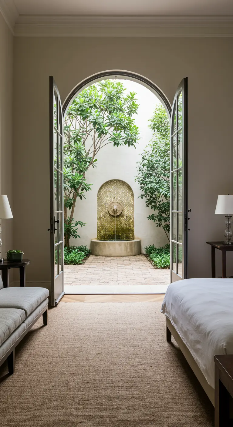 Dormitorio que se abre a un patio interior con una fuente y vegetación exuberante