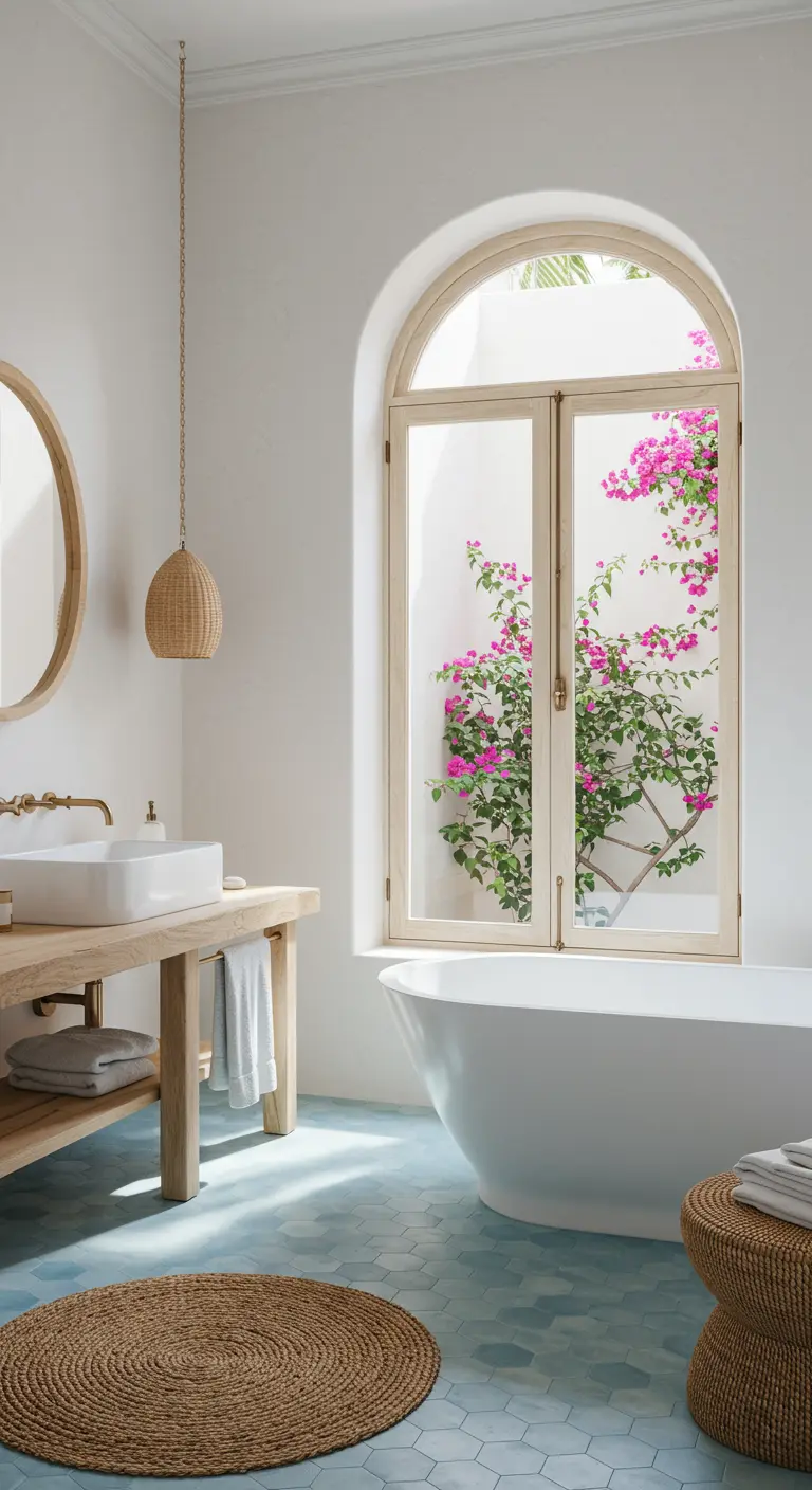 Baño luminoso con azulejos azules, ventana arqueada a un patio con buganvillas
