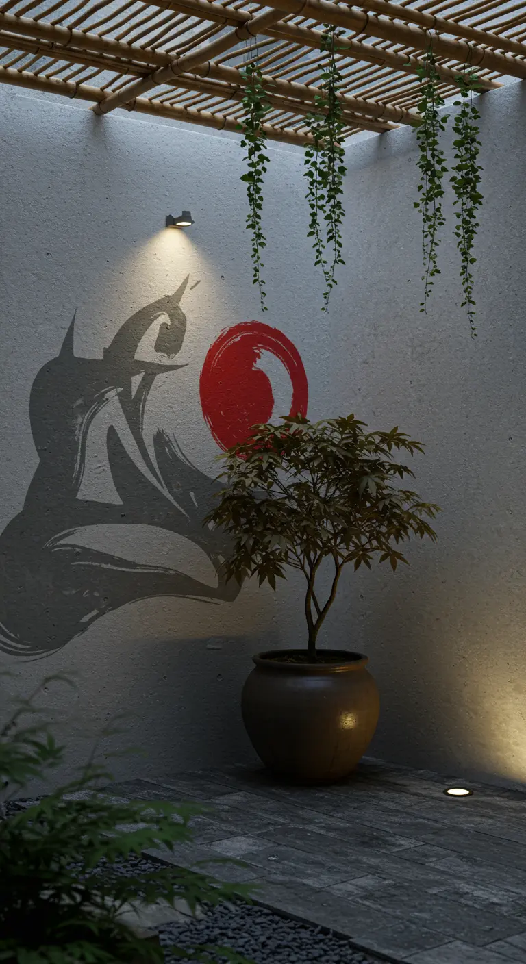 Patio minimalista con un mural de estilo japonés, un arce en una maceta y una iluminación cálida y focalizada.