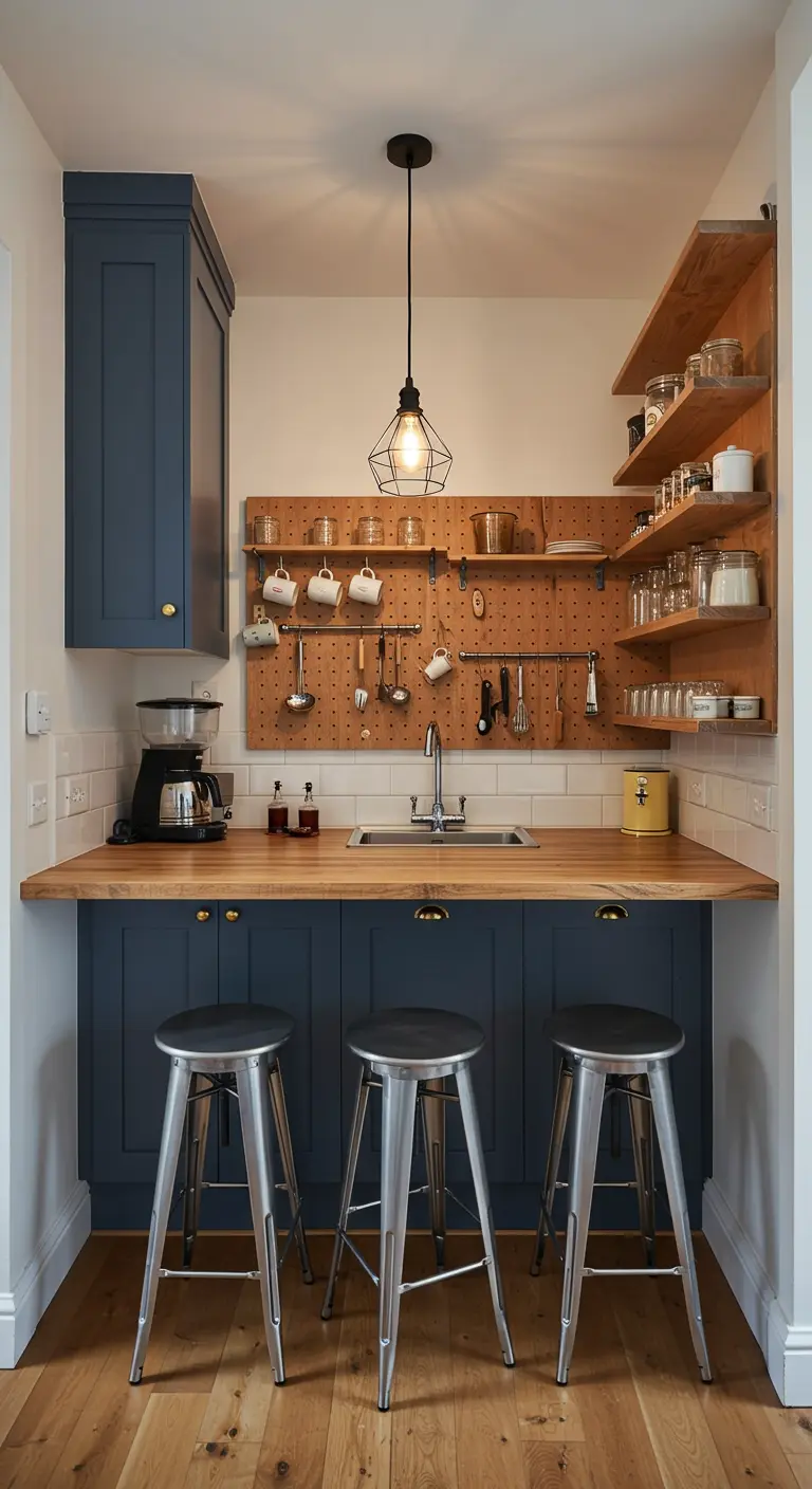 Rincón de café con gabinetes azules, encimera de madera y un panel perforado para utensilios.