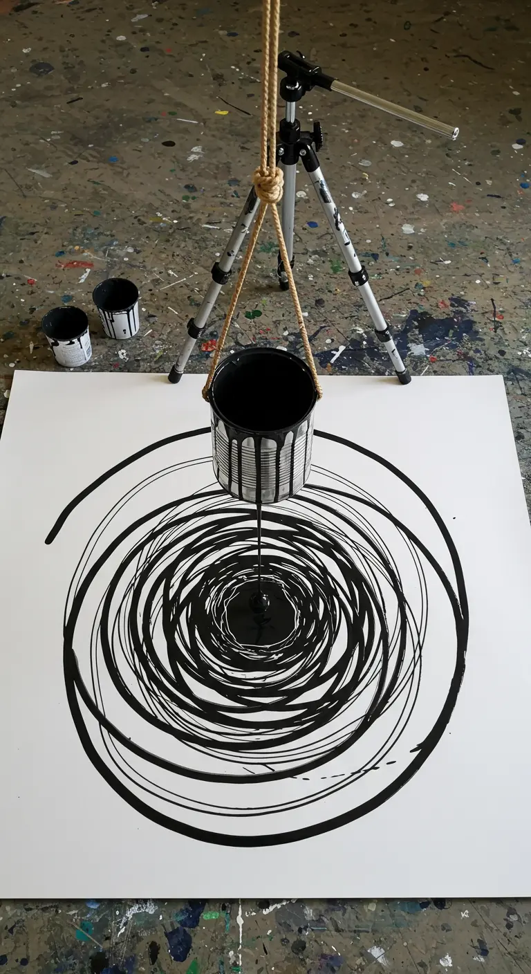 Un péndulo hecho con una lata de pintura negra creando espirales sobre un lienzo blanco en el suelo.