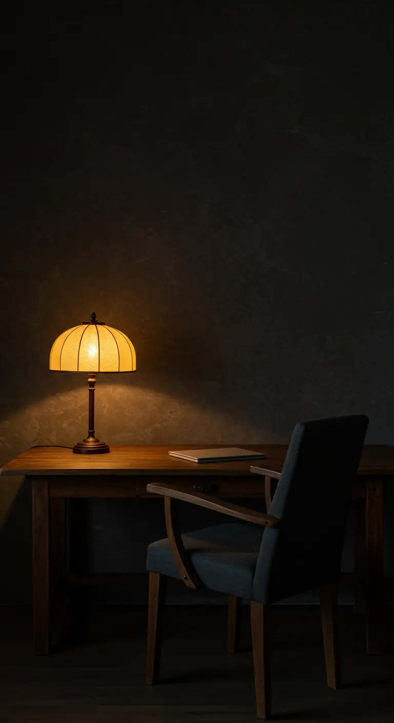 Escritorio de madera en una habitación oscura, iluminado por una lámpara de mesa cálida