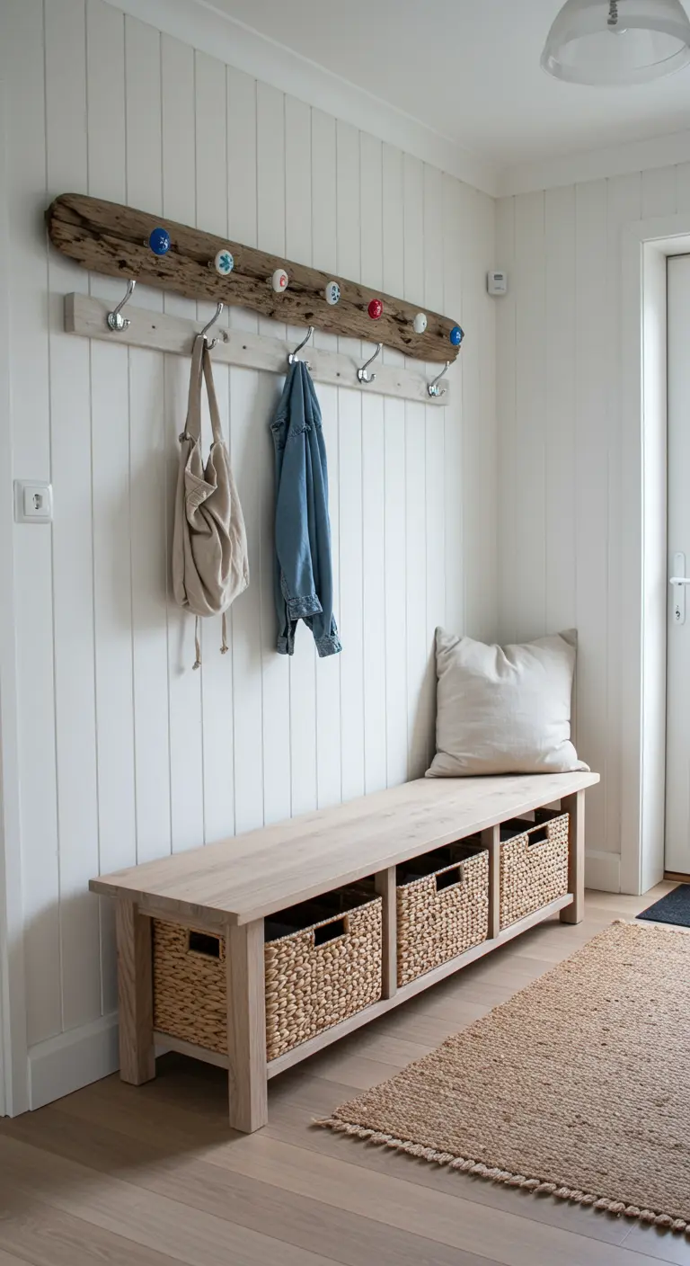 Recibidor costero con perchero de madera y pomos de cerámica, y banco con cestas de mimbre.