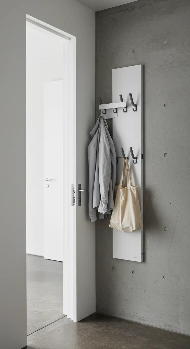 Perchero de pared blanco con ganchos plegables de metal, uno con una chaqueta y otro con un bolso.