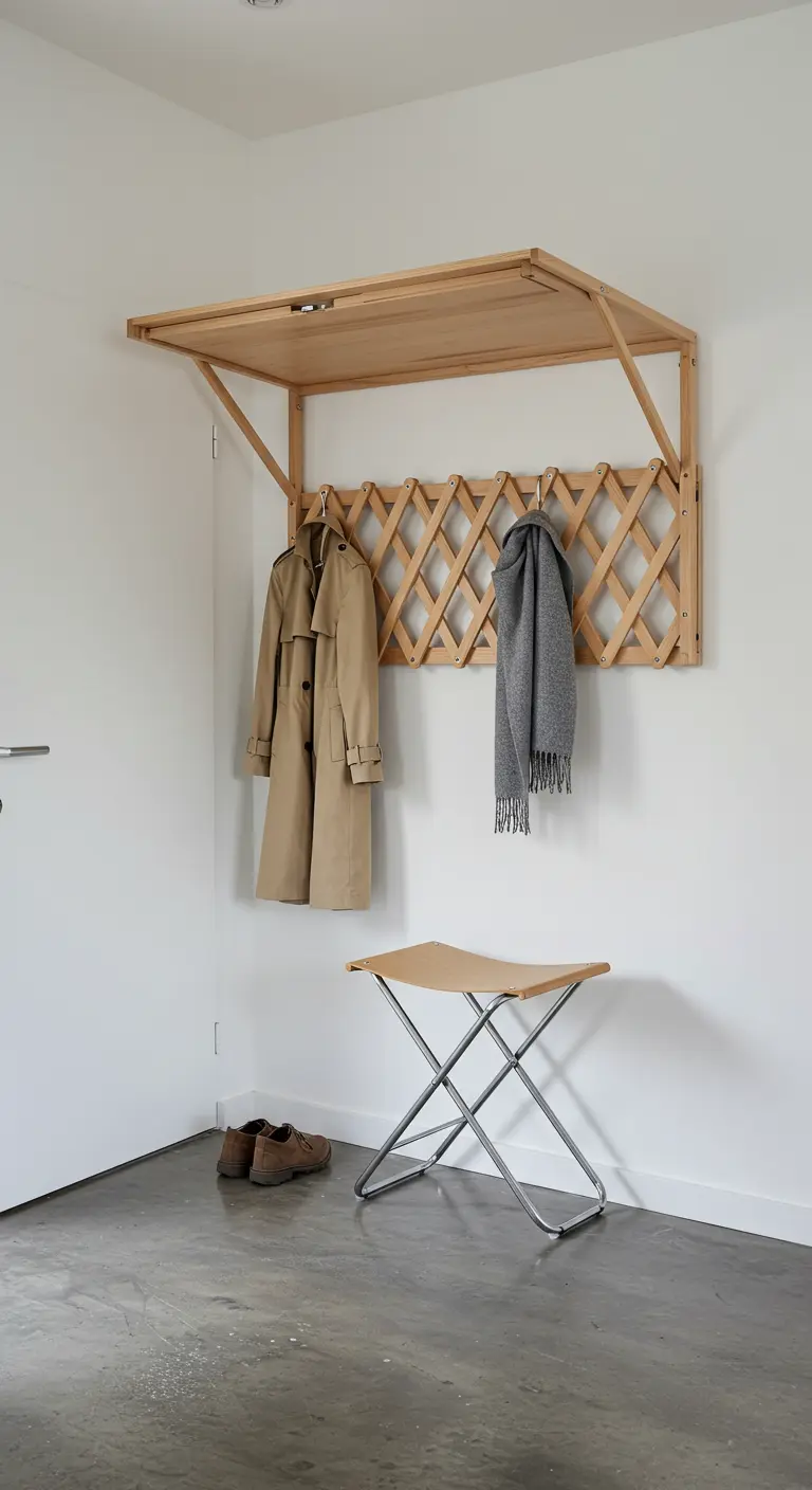 Perchero de pared extensible de madera clara con un taburete plegable debajo.