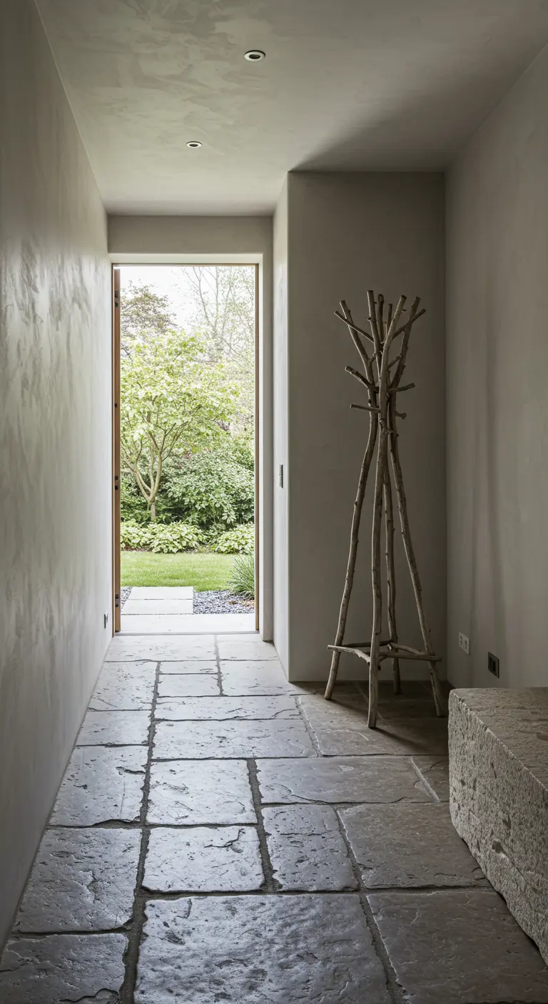 Pasillo de entrada con suelo de piedra y un perchero hecho de ramas de árbol.