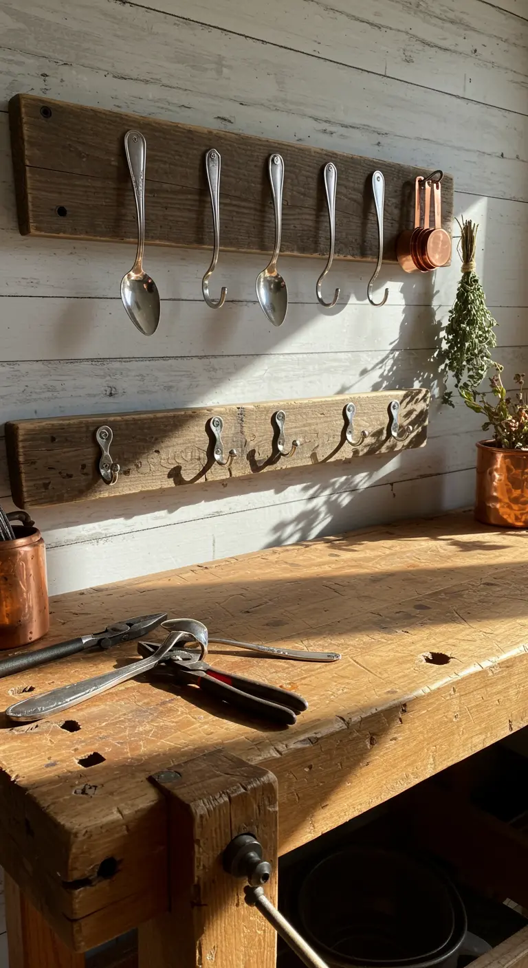 Cucharas de plata dobladas y montadas en una tabla de madera rústica para crear ganchos.