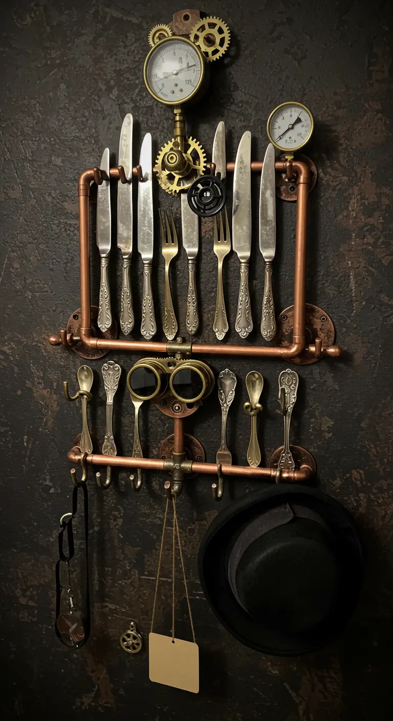Complejo perchero de pared estilo steampunk con tuberías de cobre, relojes y cubiertos variados.