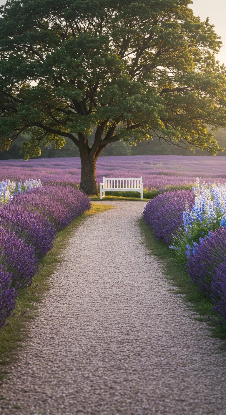Banco blanco solitario al final de un camino de grava, rodeado por un campo de lavanda en flor.