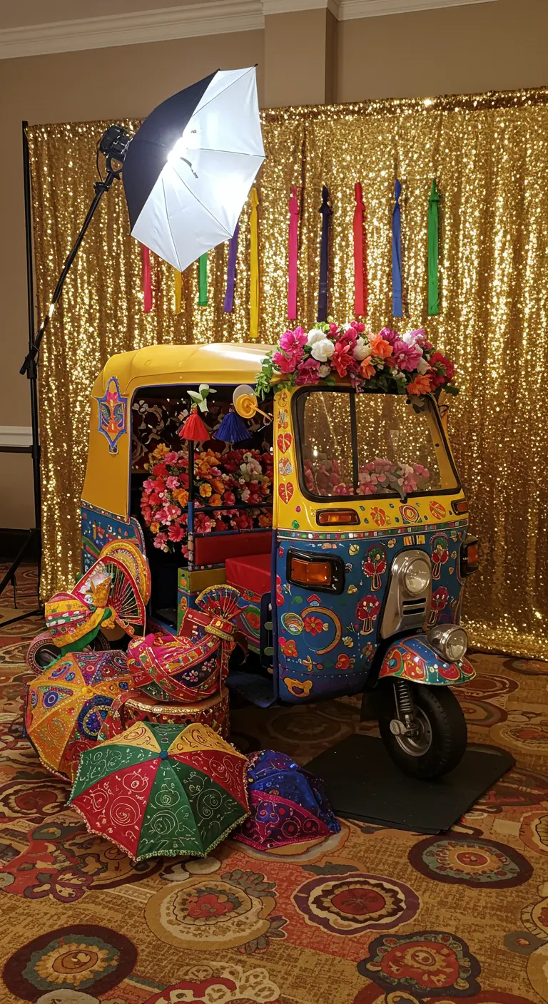 Photobooth con un tuk-tuk decorado con flores frente a una cortina de flecos dorados.
