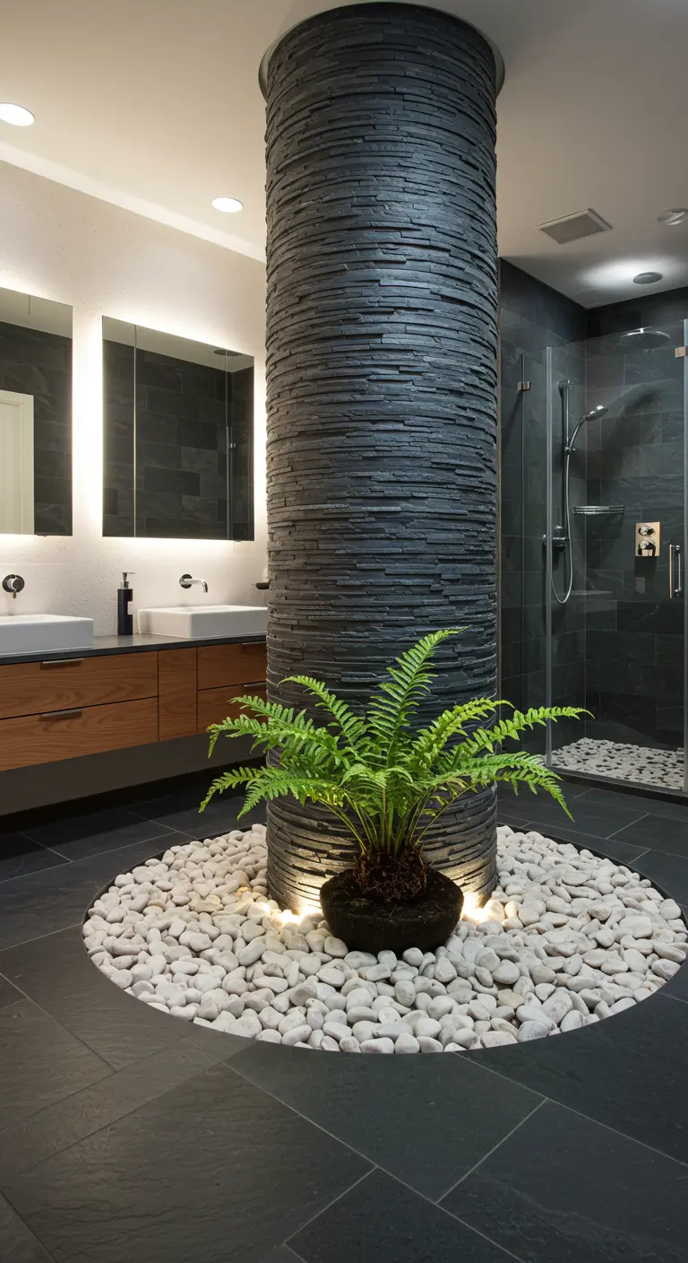 Baño con una columna central de piedra oscura rodeada por una base de piedras blancas y un helecho.
